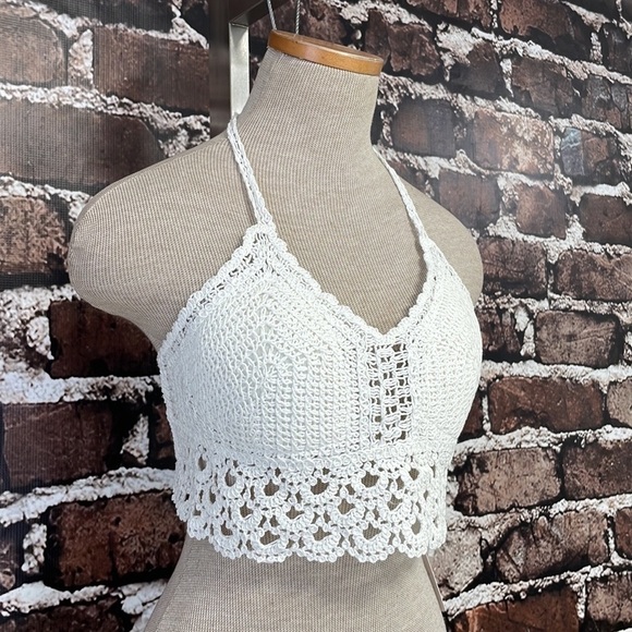 Du Jour Crop Top Boho Crochet Wrap Halter Lace Cream Size One Size - Picture 8 of 17